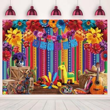 Imagem de MQCGLT Pano de fundo para fotos de listras mexicanas faixa floral colorida tema caveira de açúcar retrato adulto infantil fundo de fotografia cinco de maio festa de carnaval decoração 2,1 x 1,5 m