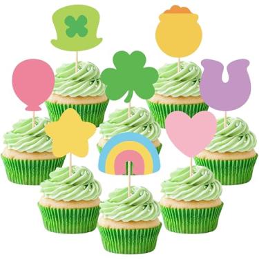 Imagem de R HORSE Toppers de cupcake de Dia de São Patrício - 40 peças de decorações de bolo de amuleto da sorte, trevo de quatro folhas, palhetas de cupcake para decorações de festa do dia de São Patrício
