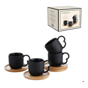 Imagem de Xícara De Café Premium 90ml Cerâmica Preta Pires Bambu Kit 4 - Hauskra