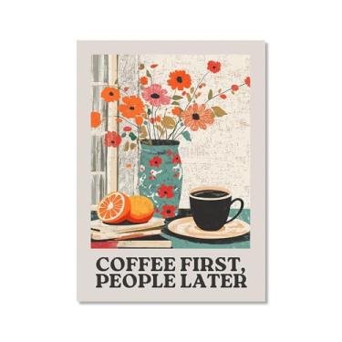 Imagem de Coffee First Trendy Retro Wall Art Poster Food Wall Art Canvas Vintage Flower Illustration Print Maximalist Kitchen Cafe Bar Coffee Lover Decor (SKU1,40.6x50.8 cm = (40x50 cm), sem moldura)