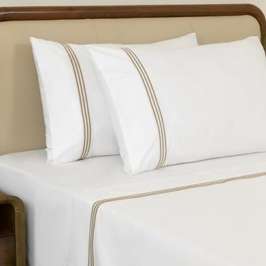 Imagem de Dreamology Jogo de lençóis de percal de algodão, tamanho casal, 100% algodão, percal, fresco, macio, respirável e nítido, conjunto de lençol completo com bolso profundo de até 40 cm (ouro)
