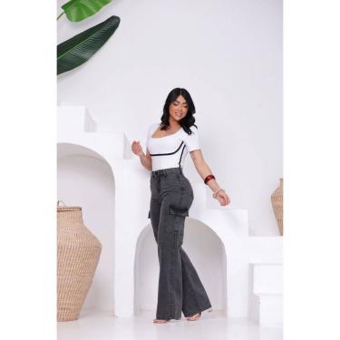 Imagem de Calça Jeans Feminina Cinza Modelo Cargo Cintura Alta Wideleg