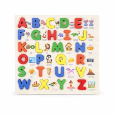 Imagem de Alfabeto Didático Em Madeira Letras Coloridas A-Z Com Ilustrações De Desenhos Educativo Para Crianças