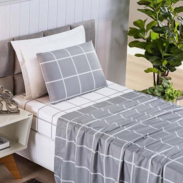 Imagem de Jogo de Lençol Minimalista Solteiro 3 Peças Percal 200 Fios Quadriculado - Cinza - 100% Poliéster