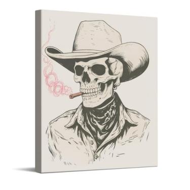 Imagem de CYFDYVT Ilustração de charuto fumando caveira de caubói, arte vintage de esqueleto ocidental, decoração de parede de humor negro para bar, caverna masculina, estúdio de tatuagem, garagem, sala