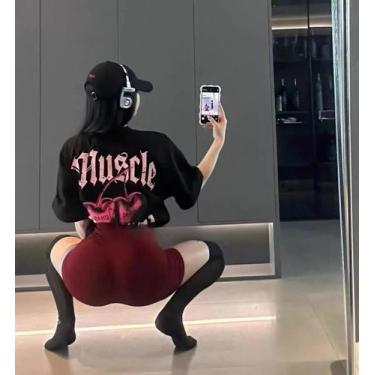 Imagem de Camiseta Feminina Esportiva Solta Estilo Harajuku Latte Fitness Manga 