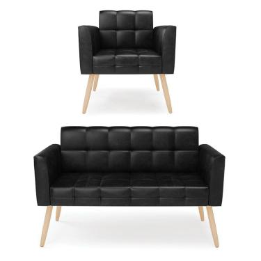 Imagem de Kit 1 Sofá Namoradeira E 1 Poltrona Elisa Corano Pés Palito Natural - D'rossi Cor Preto