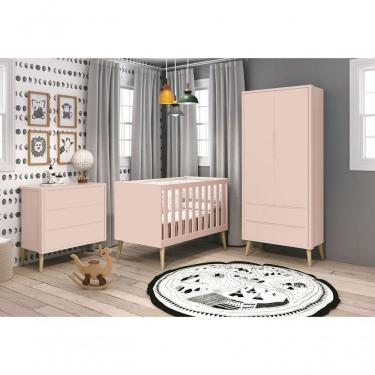 Imagem de Jogo De Quarto Para Bebê Completo 2 Portas Théo New Rosa Fosco Com Natural - Moveisaqui