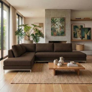 Imagem de Sofá de Canto 5 Lugares com Chaise Lado Esquerdo em Veludo Marrom 293x