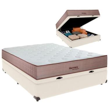 Imagem de Cama Box Baú Casal e Colchão Hermes Molas Ensacadas Colchobel Palha