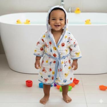 Imagem de Roupão De Banho Bebê Praia Piscina Capuz Macio Seca soft Fralda 100% A