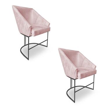 Imagem de Kit 2 Poltronas Luxo Alana Suede Rosa Bebê Base Ferro Preto - Pallazio