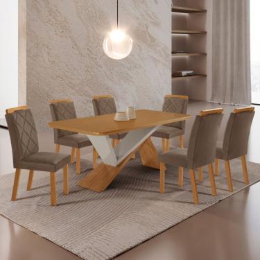 Imagem de Mesa De Jantar Yasmin 180 Mdf Laminado E 6 Cadeiras Melissa Veludo Capuccino/naturale/off White