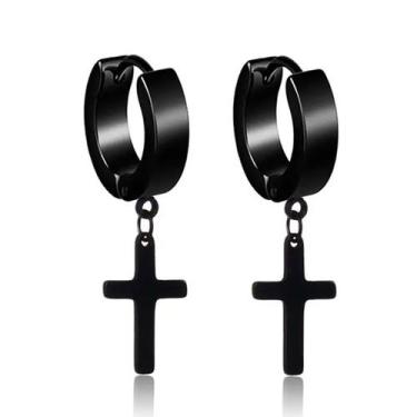 Imagem de Par De Brincos Argolas Pingente Cruz Furo Aço Inox Original, Preto