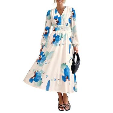 Imagem de Vestido PRETTYGARDEN Azul e Branco Floral Decote V Manga Longa XL