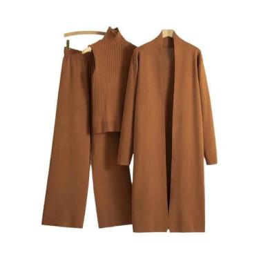 Imagem de Conjunto De Moda Feminina Vintage De Tricô Em 3 Peças, Cardigã E Calça