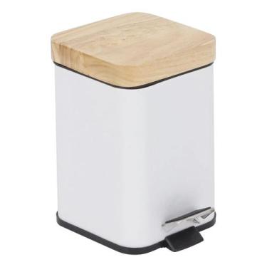 Imagem de Lixeira Banheiro 3l Branca Metal E Madeira 25x16cm Pedal - Sensea