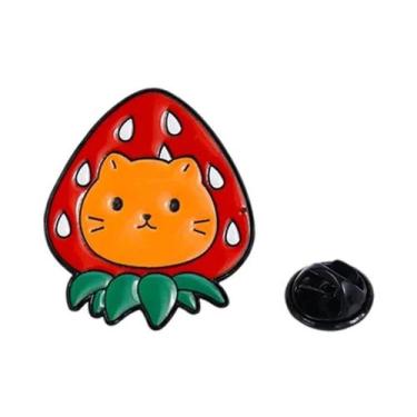 Imagem de Broche De Esmalte Gato Morango 4 Peças, Pin De Lapela Fofo De Desenho 