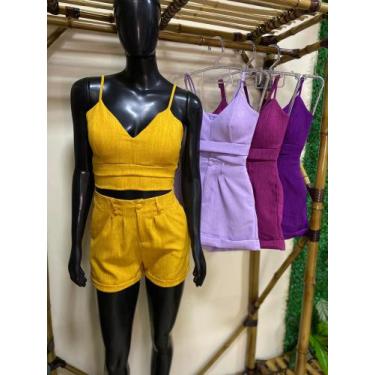 Imagem de Conjunto feminino adulto de Cropped e bermuda curta no tecido linho ta