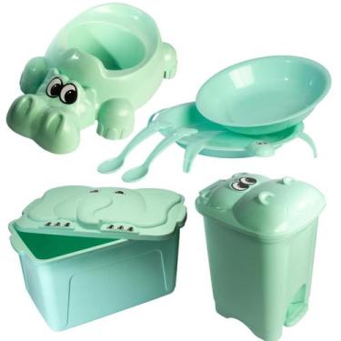 Imagem de Kit Infantil Comedouro Tartaruga + Troninho Hipopotomo + Lixeira Hipop