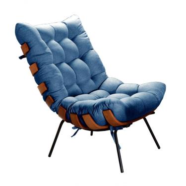 Imagem de Poltrona Costela Decorativa Linho com Estrutura em Metal Fibra Siliconada Azul 330 Bella Decor
