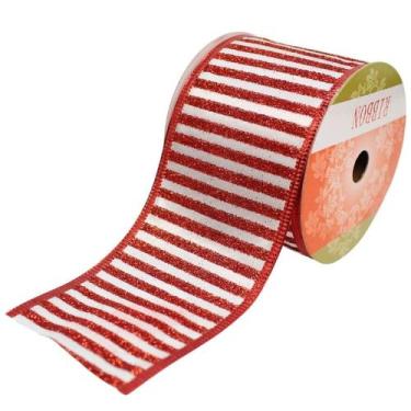 Imagem de Fita decorativa aramada listrada branca com vermelha 6,3 cm x 9,14 met