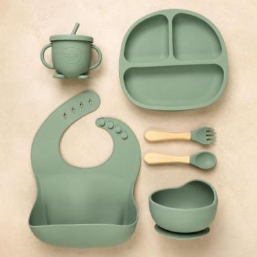 Imagem de Kit Refeição Bebê Silicone 6 Peças Livre de BPA Prato Talheres - Era U