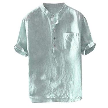 Imagem de Camisetas masculinas com bolso de algodão, folgada, de linho, manga curta, listrada, com botões, blusa masculina, Verde, Large
