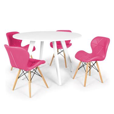 Imagem de Conjunto Mesa de Jantar Redonda Amanda Branca 120cm com 4 Cadeiras Eiffel Slim - Rosa