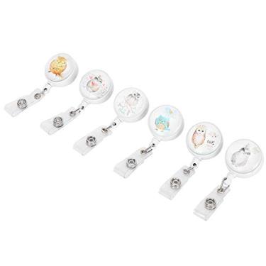 Imagem de clipe giratório de 360 graus,6 pacotes de titulares de crachá retráteis, clipe de documento bonito padrão animal puxador retrátil fivela de crocodilo clipe de cartão para trabalhador de escritório