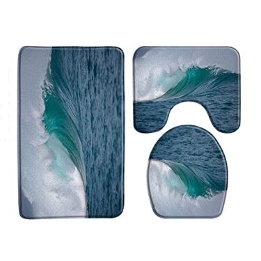Imagem de Tapete de banho de água do mar oceano azul tapete de banheiro conjunto de 3 peças fundo do mar animal peixe flanela antiderrapante almofada em forma de u conjuntos de decoração de banho de banheiro, 33710J, 400MMx600MM