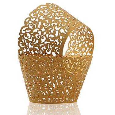 Imagem de KPOSIYA Pacote com 120 embalagens de cupcake para bolos artísticos, copos de papel, vinha, desenhado a laser, cupcakes, formas para assar, xícaras, bandejas para casamentos, chás de bebê, festas, aniversários, Dourado, 120