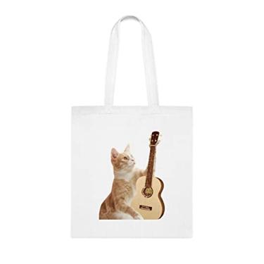 Imagem de Sacola de gato brincando com ukelele, presente divertido, bolsa de ombro, bolsas reutilizáveis, cesta de Natal de aniversário, ideia de presente, Branco