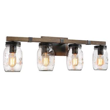 Imagem de LOG BARN Luminária rústica para banheiro com vidro Mason, arandelas de 4 luzes, acabamento em madeira falsa, 73,6 cm