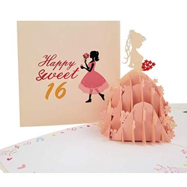 Imagem de iGifts And Cards Happy Sweet Sixteen 3D Pop Up Cartão - Presente de 16º aniversário para filha, presente de aniversário especial para neta, chegando 16, parabéns menina vestido extravagante, celebrações de 16 x 15 cm