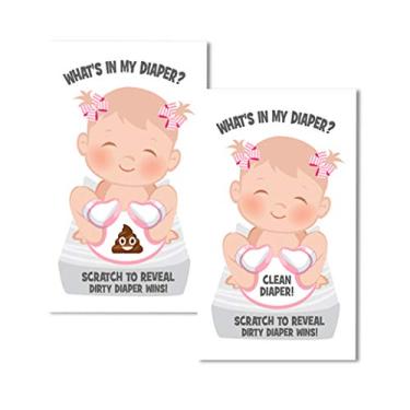 Imagem de Menina – What What's In My Diaper Baby Shower Scratch Off Game | 24 Cartas – 1 Vencedor | Jogos de chá de bebê | Prêmios de chá de bebê | Prêmios de porta | Decorações de chá de bebê menina | Festa de fraldas | Jogo de fraldas sujo