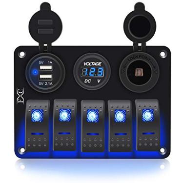 Imagem de FXC Interruptor de balancim de barco marinho à prova d'água painel de alumínio 3 entradas com entrada USB duplo 3,1 A + medidor de voltagem luz LED azul para carro veículos Rv caminhão azul KG0149 1