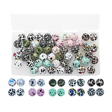 Imagem de 50 peças de contas de silicone, contas soltas BetterJonny, 10 cores, com caixa de armazenamento, contas redondas com estampa de leopardo de vaca de 15 mm, para colar, pulseira, artesanato DIY