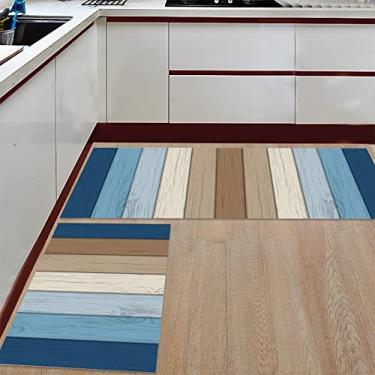Imagem de Tapete de corredor de cozinha, textura de madeira ombre azul marinho marrom madeira tábua fazenda antiderrapante tapete tapete de porta tapete tapete para lavanderia quarto banheiro quarto conjunto de 2