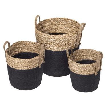 Imagem de Conjunto 03 Cestos Patong Fibra Natural E Preto