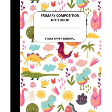 Imagem de Caderno de redação da escola primária diário de papel: livro de exercícios com tema de dinossauro meio em branco meio forrado para meninos e meninas K-2 com espaço para imagem e escrita