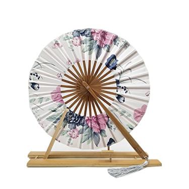 Imagem de Leque dobrável japonês Sakura flor bolso ventilador de mão dobrável círculo redondo decoração de festa presente moinho de vento ventilador dobrável de bambu acessórios decorativos feitos à mão (cor: 12)