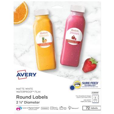 Imagem de Etiquetas redondas Avery para impressoras a laser e a jato de tinta, 6,35 cm, 72 etiquetas resistentes à água (22856), branco