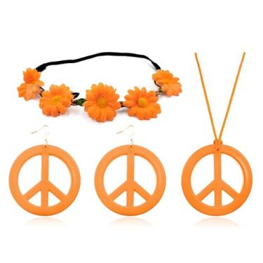 Imagem de choice of all Conjunto de colar de sinal de paz, brincos e faixa de cabeça de girassol para mulheres dos anos 60 e 70, roupas hip hop, joias hippie, acessórios de fantasia de Halloween, Zinco, Sem