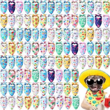 Imagem de Sweetude 100 bandanas havaianas de verão a granel para cães com estampa de folhas de palmeira flamingo de frutas, cachecol triangular, babadores para animais de estimação médios e pequenos, acessórios