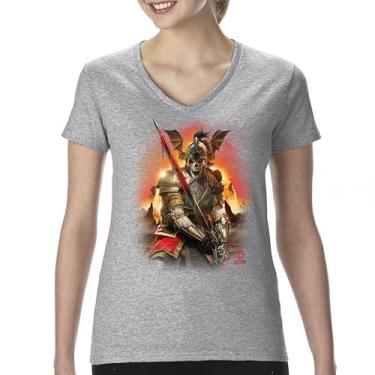 Imagem de Camiseta feminina Apocalypse Reaper gola V fantasia esqueleto cavaleiro com uma espada medieval lendária criatura dragão bruxo, Cinza, M