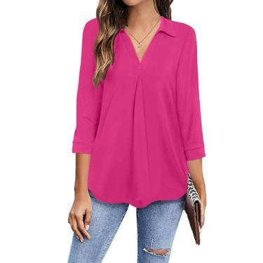 Imagem de Newchoice Camisas femininas com gola V e manga 3/4 para negócios, casual, blusas soltas para trabalho (P-3GG), Vermelho rosa, G