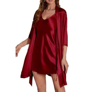 Imagem de Pzgwan Five-Quarter Manga Sleepwear Simulação Feminina Camisa de Noite de Seda com Robes set 2 Peças Sexy Cami Nightwear,Wine red,S