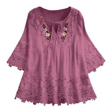 Imagem de Lainuyoah Camisetas femininas de verão para férias 2024 Boho manga 3/4 renda Y2K túnica vintage gola V bordado floral blusa, B - Rosa quente, 3G