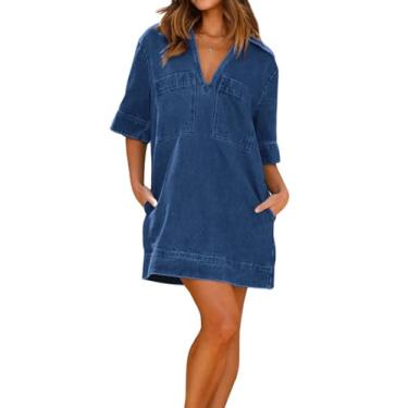 Imagem de loveimgs Vestido jeans feminino casual de verão manga curta gola V envelhecido vestido mini camisa vestido, Azul, G